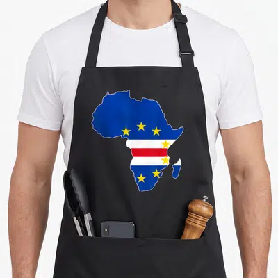 Cabo i love african apron - Map of Africa filled with blue white red yellow stripes and ten stars — shown on a black cotton canvas apron against a white background