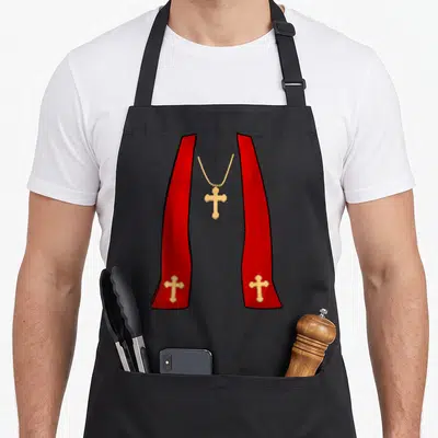 Pope halloween apron - Red stole with gold crosses and gold beaded necklace in cartoon style — shown on a black cotton canvas apron against a white background