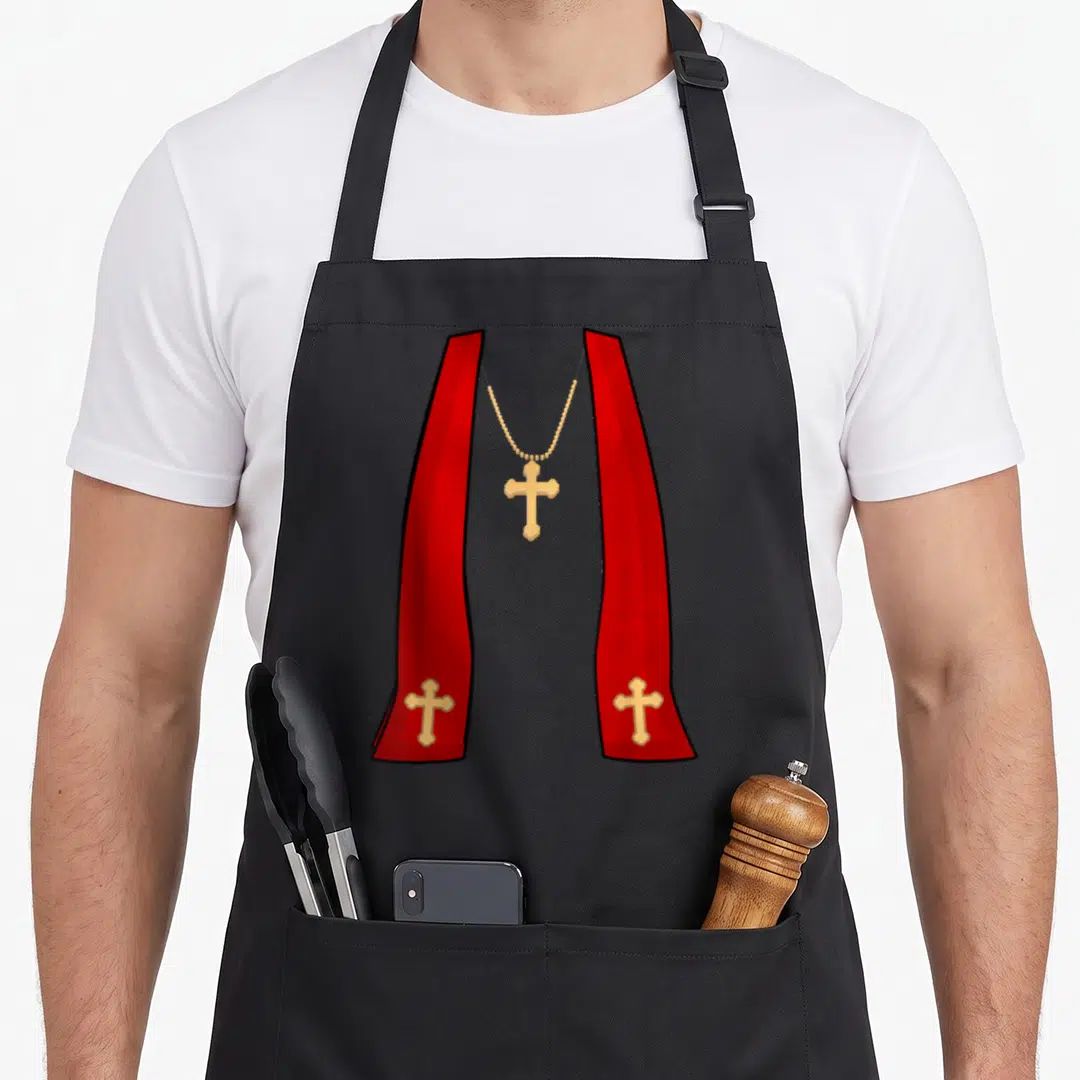 Pope halloween apron - Red stole with gold crosses and gold beaded necklace in cartoon style — shown on a black cotton canvas apron against a white background