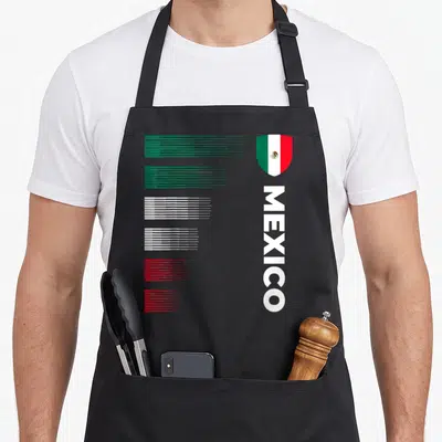 Emblem mexico apron - Shield with Mexican flag, vertical MEXICO text, five groups of green white and red horizontal — shown on a black cotton canvas apron against a white background