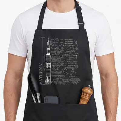 Saturn science apron - White Saturn V rocket with physics equations, escape velocity formulas, and orbital diagrams — shown on a black cotton canvas apron against a white background