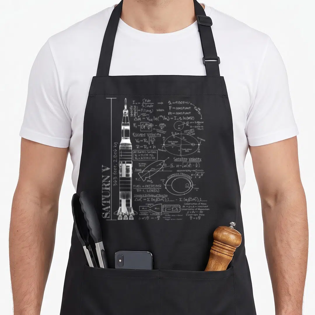 Saturn science apron - White Saturn V rocket with physics equations, escape velocity formulas, and orbital diagrams — shown on a black cotton canvas apron against a white background