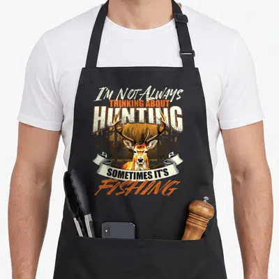 Alway hunting hunter apron - Deer head over forest with I'm Not Always Thinking About Hunting Sometimes It's Fishing — shown on a black cotton canvas apron against a white background