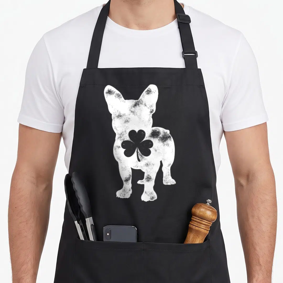 Patrick french bulldog apron - Distressed white French Bulldog silhouette with a grey shamrock centered on the chest — shown on a black cotton canvas apron against a white background