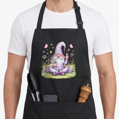 Garden butterfly apron - Purple gnome sitting cross-legged holding flowers and making peace sign among butterflies — shown on a black cotton canvas apron against a white background