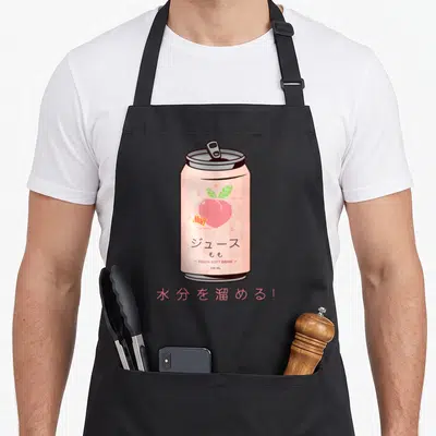 Peach 90s apron - Pink cartoon soda can with peach, Japanese text, and 150 ML label — shown on a black cotton canvas apron against a white background