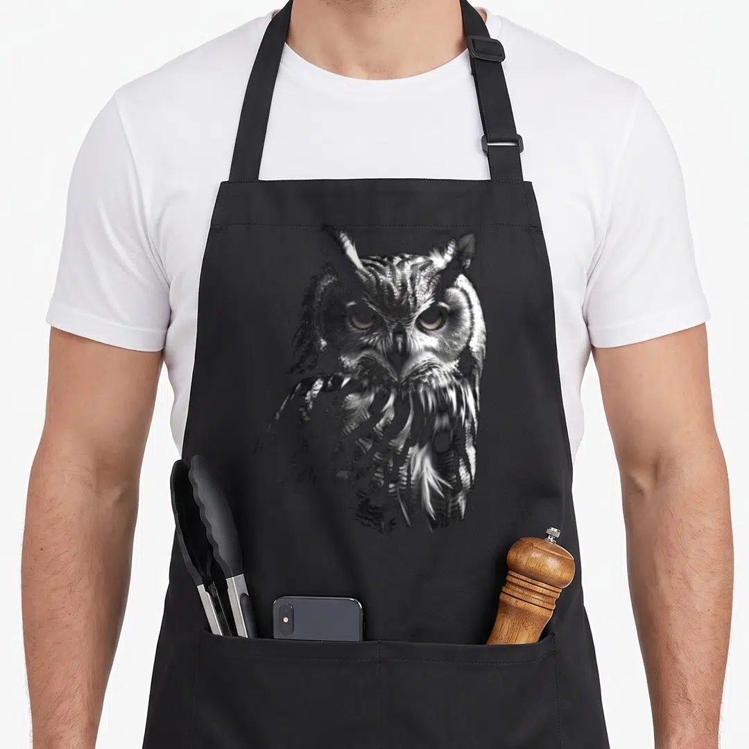 Artwork bird apron - Realistic owl head in black and grey dissolving into abstract splatters — shown on a black cotton canvas apron against a white background