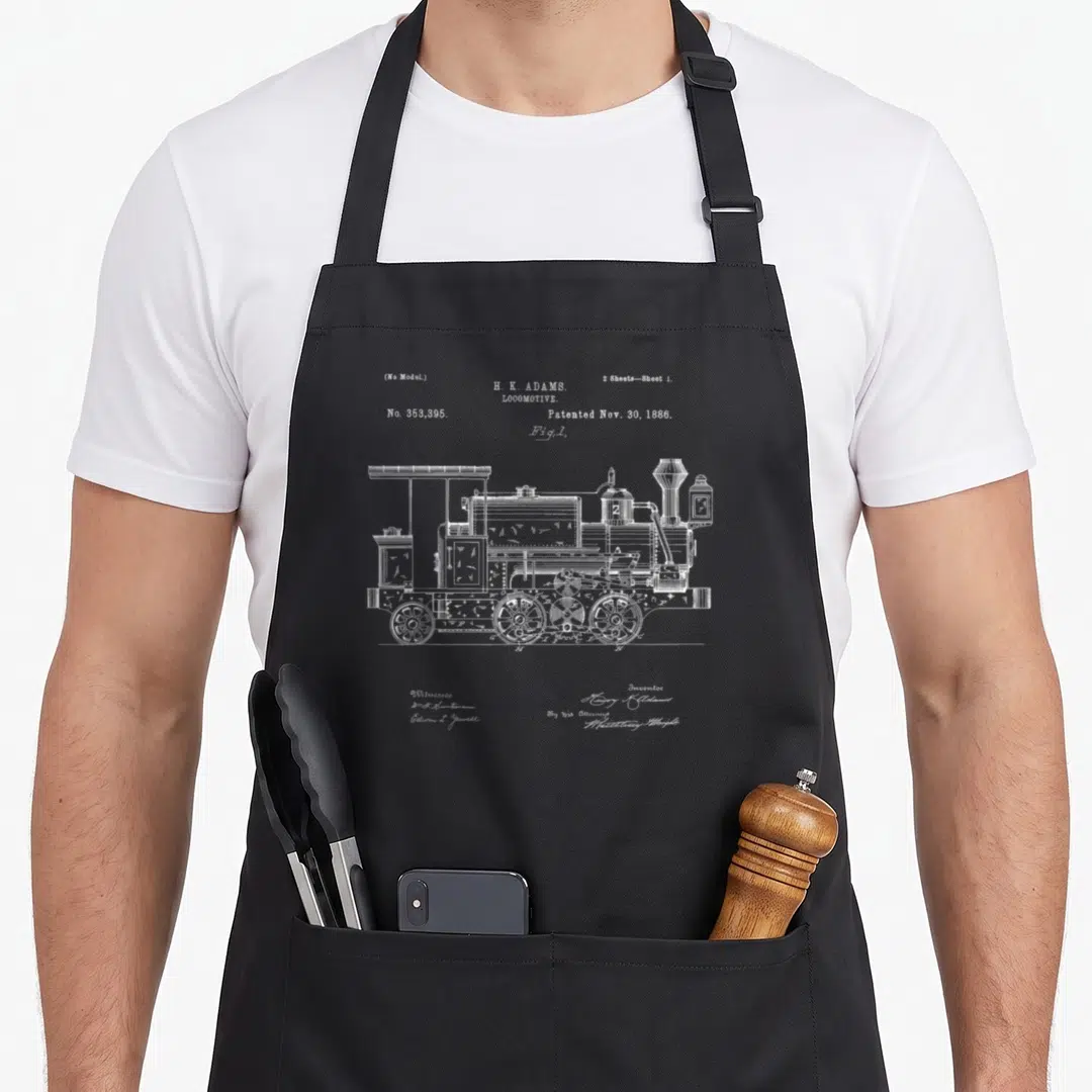 Patent steam locomotive apron - White line-art patent drawing of H.K. Adams locomotive No 353395 dated 1886 — shown on a black cotton canvas apron against a white background