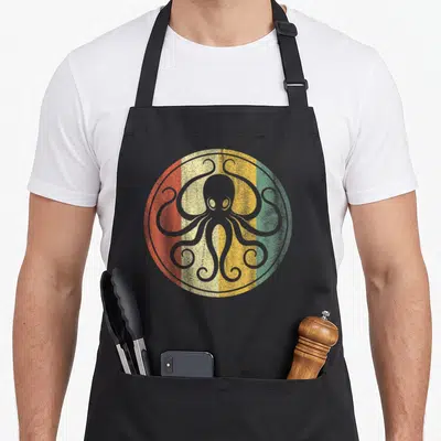 Sea cthulhu apron - Grey octopus over circle of four vertical stripes in red, cream, yellow, and green — shown on a black cotton canvas apron against a white background