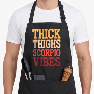 Scorpio thick aprons - Stacked orange peach red and dark red text reading THICK THIGHS SCORPIO VIBES — shown on a black cotton canvas apron against a white background