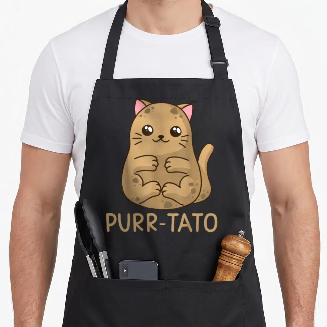 Purrtato cat apron - Cartoon tan cat potato hybrid with pink ears and PURR-TATO text — shown on a black cotton canvas apron against a white background