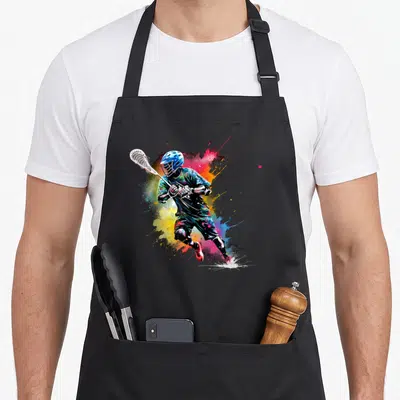 Lacrosse colorful aprons - Watercolor lacrosse player running with stick amid blue red yellow pink black paint splashes — shown on a black cotton canvas apron against a white background