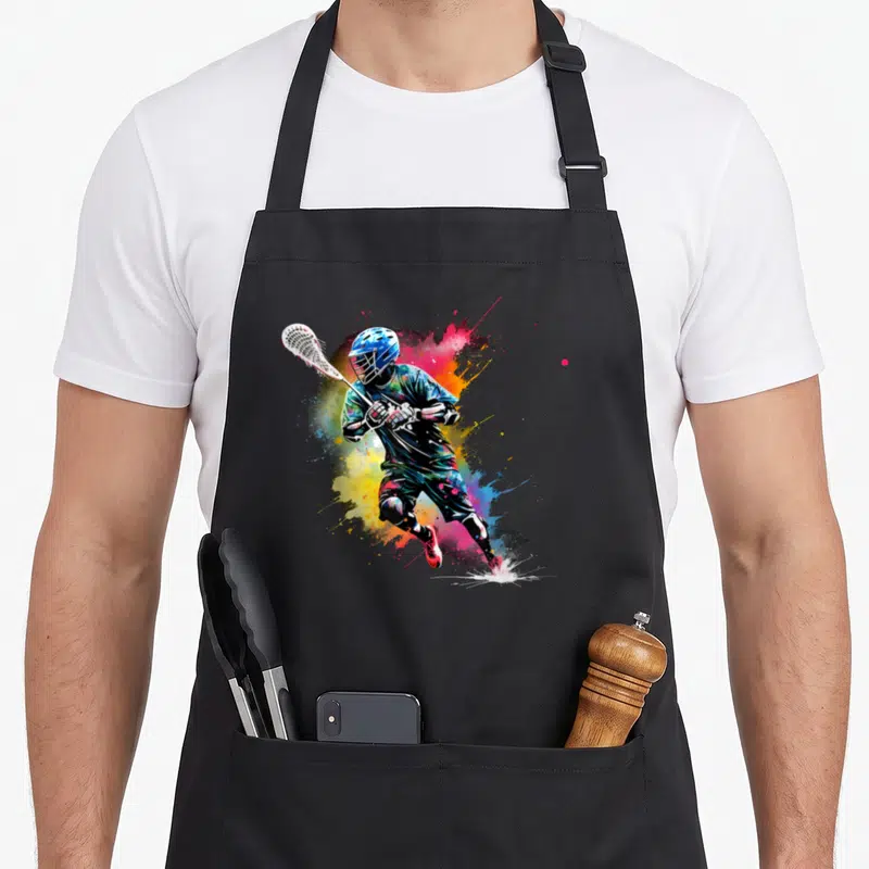 Lacrosse colorful aprons - Watercolor lacrosse player running with stick amid blue red yellow pink black paint splashes — shown on a black cotton canvas apron against a white background