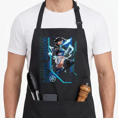Pvp super hero aprons - Vertical LUNA SNOW text beside a character in blue lightning and geometric frames — shown on a black cotton canvas apron against a white background