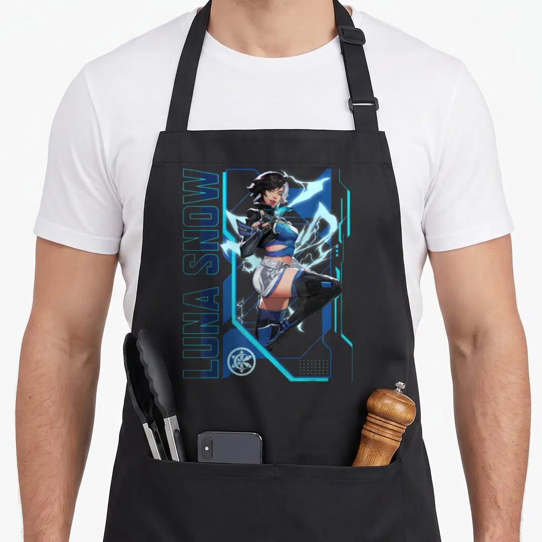 Pvp super hero aprons - Vertical LUNA SNOW text beside a character in blue lightning and geometric frames — shown on a black cotton canvas apron against a white background