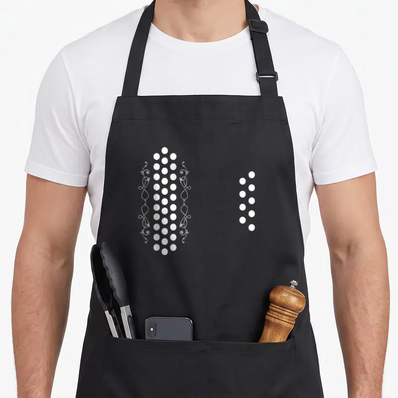 Accordion mexico apron - White minimalist pattern with two vertical columns of circles and symmetrical swirls on a grey — shown on a black cotton canvas apron against a white background