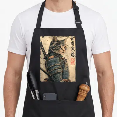 Warrior japanese cat apron - Realistic tabby cat in blue samurai armor with vertical kanji and red seal on beige — shown on a black cotton canvas apron against a white background