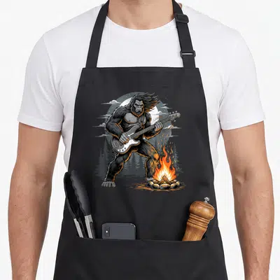 Playing bass bigfoot apron - Cartoon sasquatch playing bass guitar near campfire and moon — shown on a black cotton canvas apron against a white background