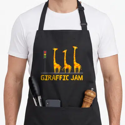 Giraffic giraffe apron - Three yellow giraffes at a traffic light with GIRAFFIC JAM text — shown on a black cotton canvas apron against a white background