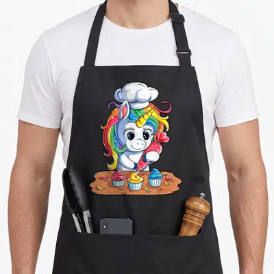 Unicorn cupcake apron - Cartoon unicorn with rainbow mane in chef hat piping pink frosting on three cupcakes — shown on a black cotton canvas apron against a white background