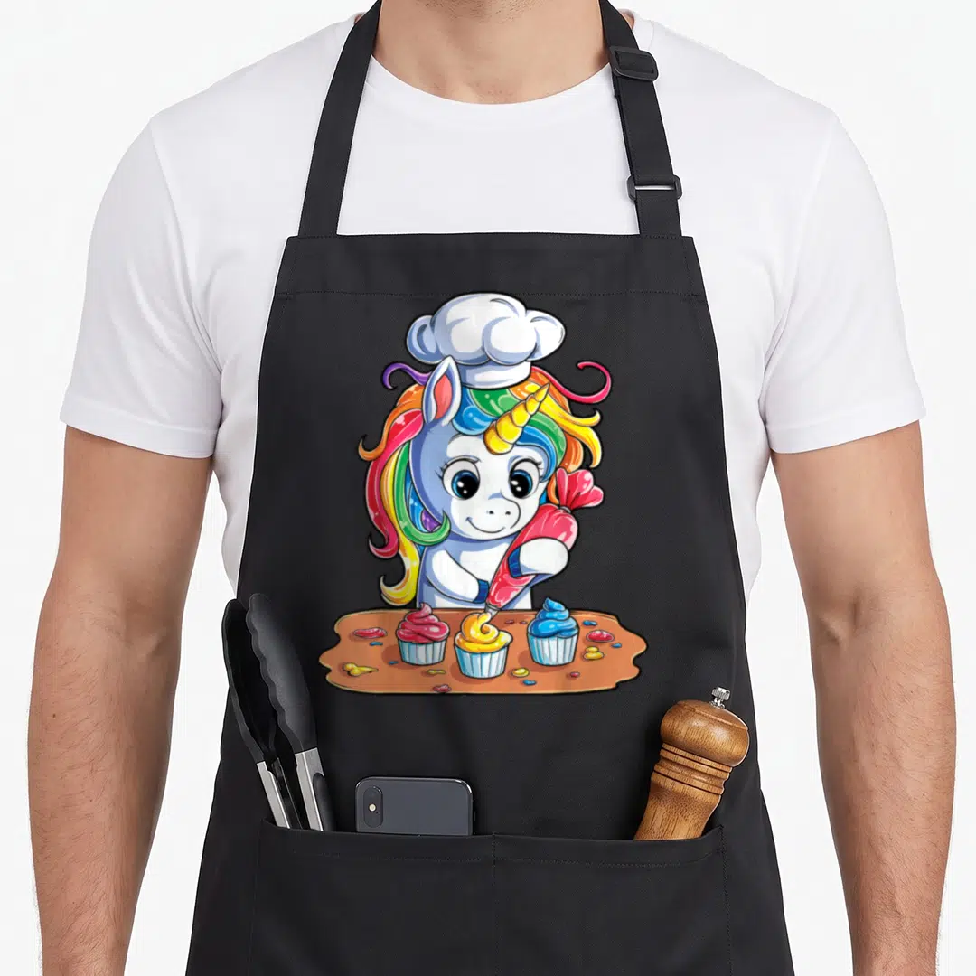 Unicorn cupcake apron - Cartoon unicorn with rainbow mane in chef hat piping pink frosting on three cupcakes — shown on a black cotton canvas apron against a white background