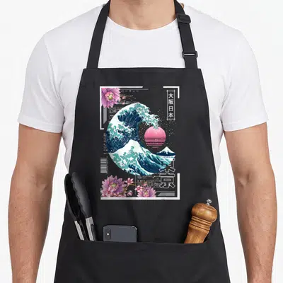 Synthwave japan apron - Blue wave, pink sun, cherry blossoms, barcode, and vertical Japanese text layout — shown on a black cotton canvas apron against a white background