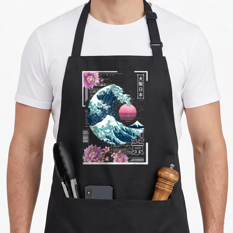 Synthwave japan apron - Blue wave, pink sun, cherry blossoms, barcode, and vertical Japanese text layout — shown on a black cotton canvas apron against a white background