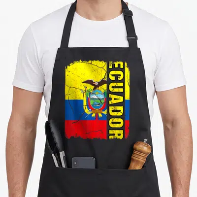 Ecuadorian flag pride apron - Distressed Ecuador flag with vertical text and coat of arms in yellow blue and red — shown on a black cotton canvas apron against a white background