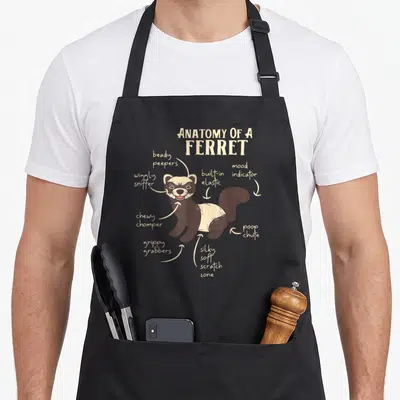 Ferret anatomy apron - Cartoon ferret diagram with labels like beady peepers and poop chute in beige and brown — shown on a black cotton canvas apron against a white background