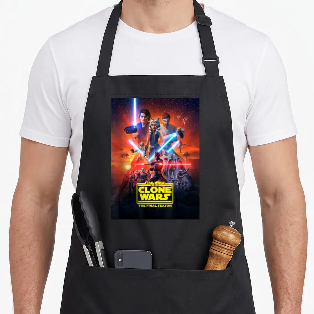 Final wars classic apron - Ahsoka Tano pyramid group Star Wars Clone Wars Final Season yellow logo space background — shown on a black cotton canvas apron against a white background