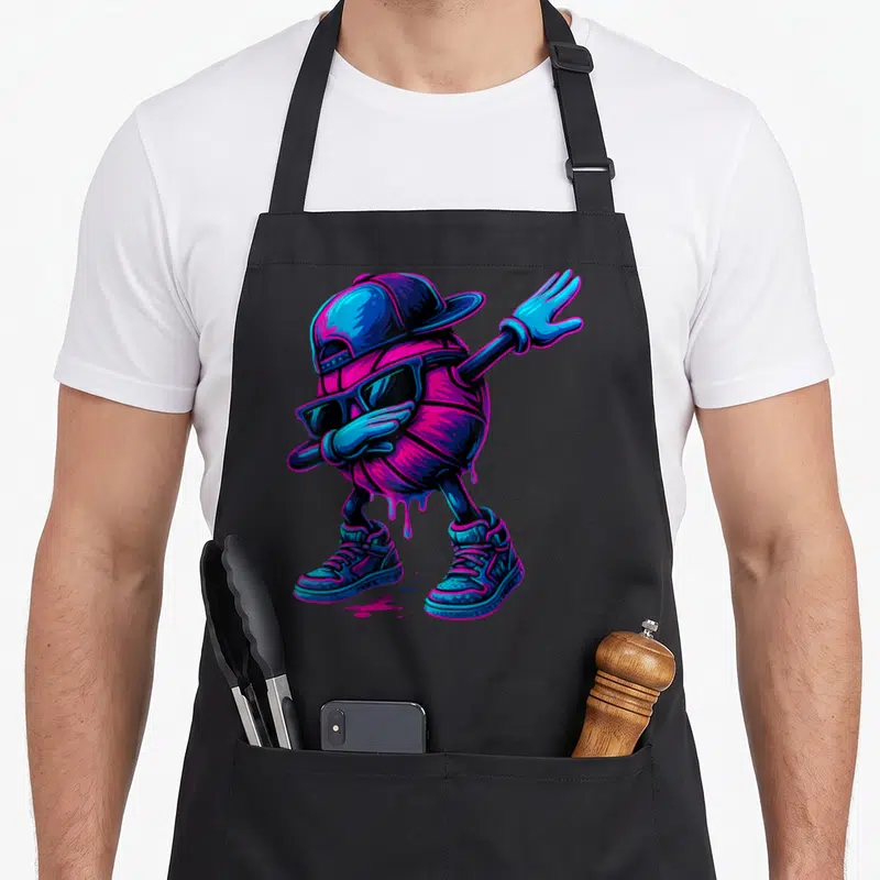 Drip dabbing ice cream apron - Melting basketball character wearing cap sunglasses and sneakers in neon blue and pink — shown on a black cotton canvas apron against a white background