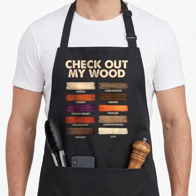 Woodworking carpentry apron - Check Out My Wood text above ten labeled wood samples in beige brown orange and purple — shown on a black cotton canvas apron against a white background