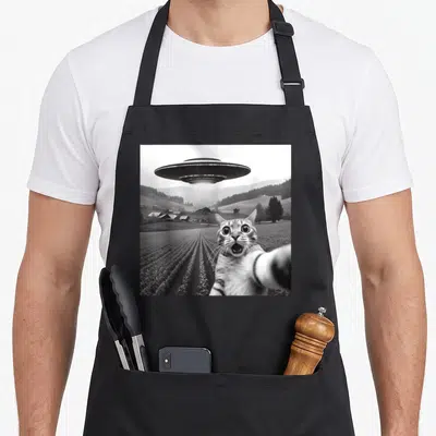 Selfie cat apron - Black and white photo of a cat taking a selfie in a field with a UFO hovering above mountains — shown on a black cotton canvas apron against a white background