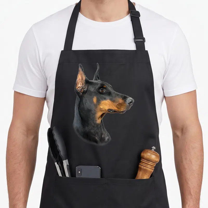Pincher dog apron - Realistic black and tan Doberman head portrait facing right — shown on a black cotton canvas apron against a white background