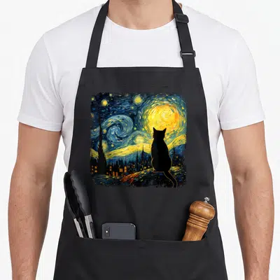 Starry cat dad apron - Black cat silhouette looking at swirling yellow moon and dark blue starry sky over village houses — shown on a black cotton canvas apron against a white background