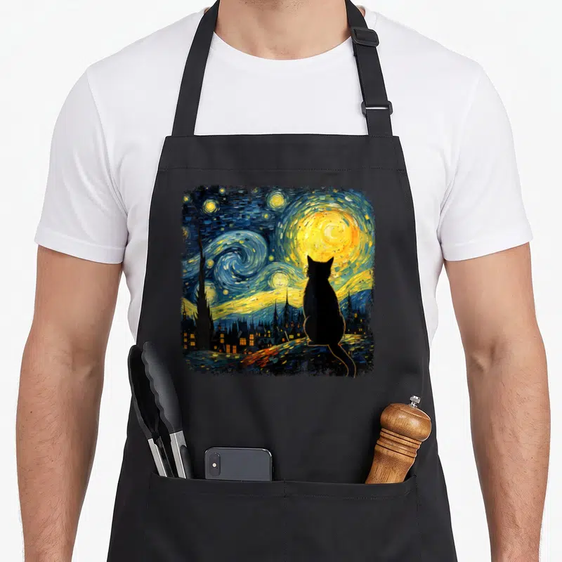Starry cat dad apron - Black cat silhouette looking at swirling yellow moon and dark blue starry sky over village houses — shown on a black cotton canvas apron against a white background