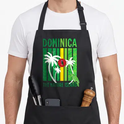 Island dominica apron - Vertical striped background with palm trees, red circle parrot, and green parrot perched — shown on a black cotton canvas apron against a white background