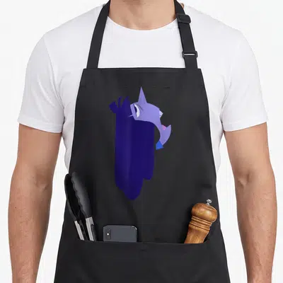 Ennui face apron - Minimalist purple and blue stylized animal head graphic on black fabric — shown on a black cotton canvas apron against a white background