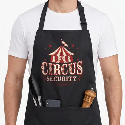 Funny security circus apron - Vintage red and cream circus tent with CIRCUS SECURITY text and scattered stars — shown on a black cotton canvas apron against a white background