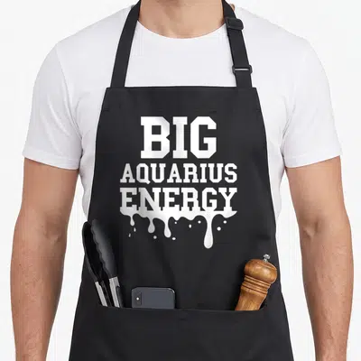 Aquarius energy birthday apron - White dripping text reading BIG AQUARIUS ENERGY on a dark background — shown on a black cotton canvas apron against a white background
