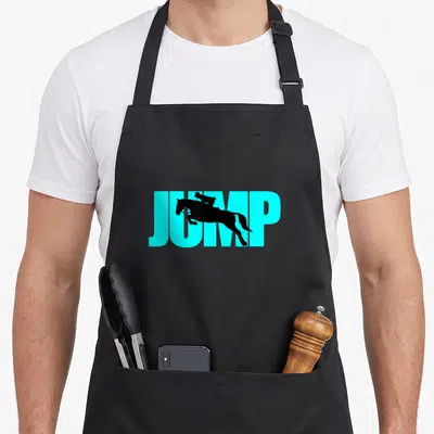 Eventing horse apron - Black horse and rider silhouette overlapping light blue JUMP text — shown on a black cotton canvas apron against a white background
