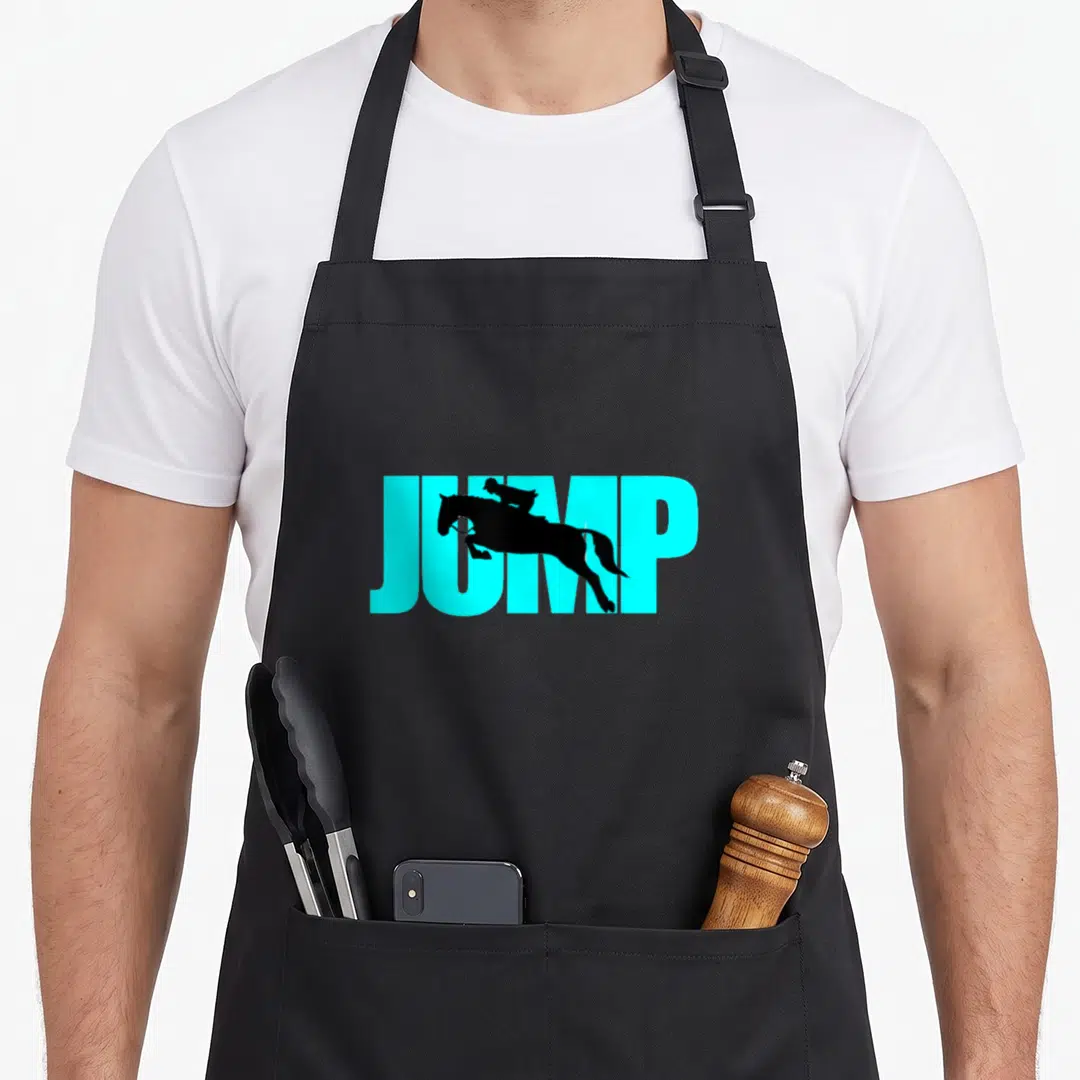 Eventing horse apron - Black horse and rider silhouette overlapping light blue JUMP text — shown on a black cotton canvas apron against a white background