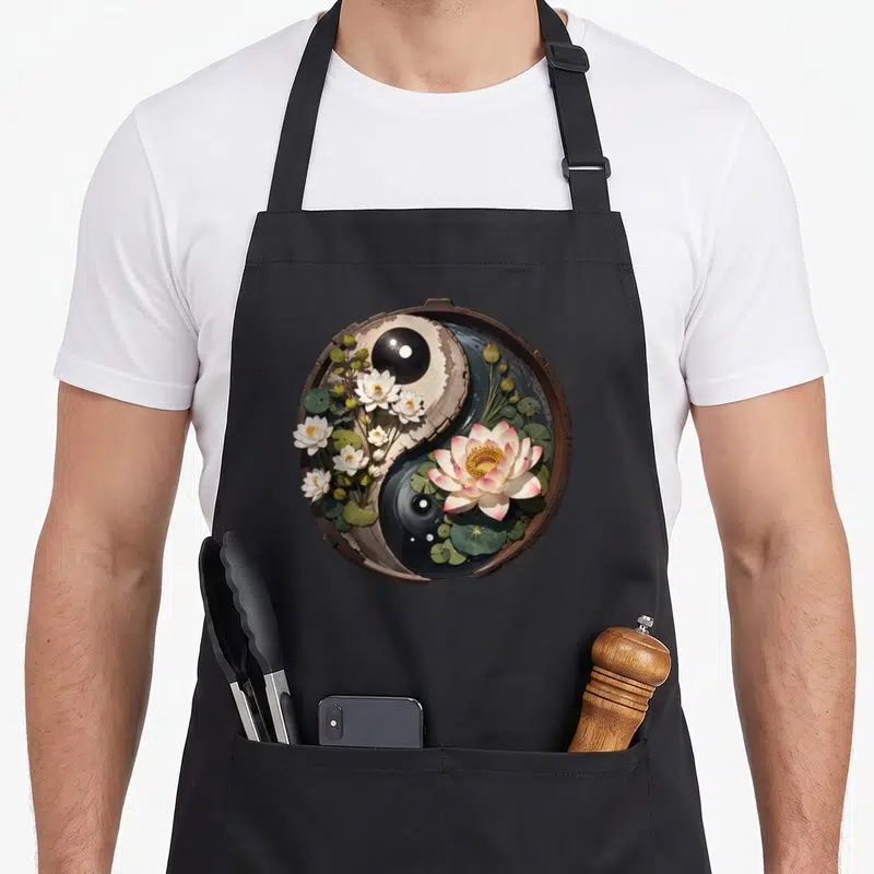 Pond lotus apron - Circular yin yang filled with pink white lotus flowers and green leaves on wood texture — shown on a black cotton canvas apron against a white background