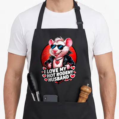 Rat mice husband apron - Cartoon rat in sunglasses and leather jacket with I Love My Hot Rodent Husband text and red — shown on a black cotton canvas apron against a white background