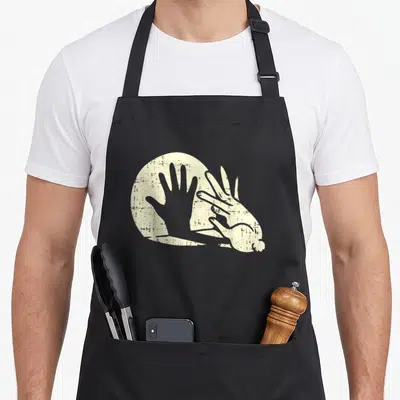 Animal rabbit apron - Beige circle with two hand silhouettes forming a rabbit shadow puppet design — shown on a black cotton canvas apron against a white background