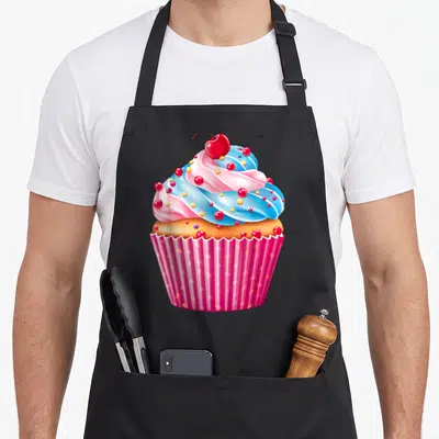 Dessert cupcake apron - Cartoon cupcake with blue pink frosting red cherry yellow sprinkles pink polka dot liner — shown on a black cotton canvas apron against a white background