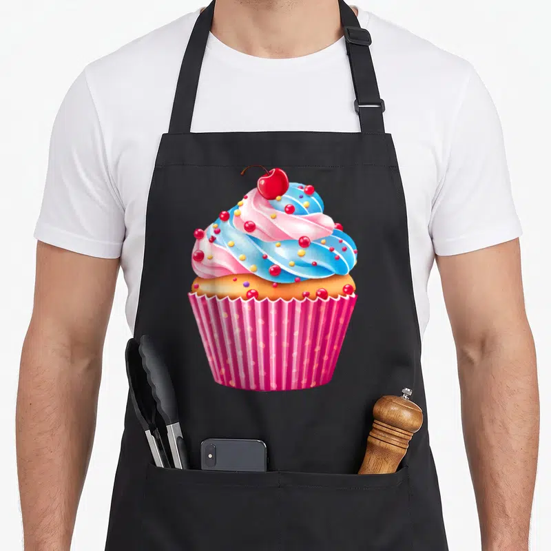 Dessert cupcake apron - Cartoon cupcake with blue pink frosting red cherry yellow sprinkles pink polka dot liner — shown on a black cotton canvas apron against a white background