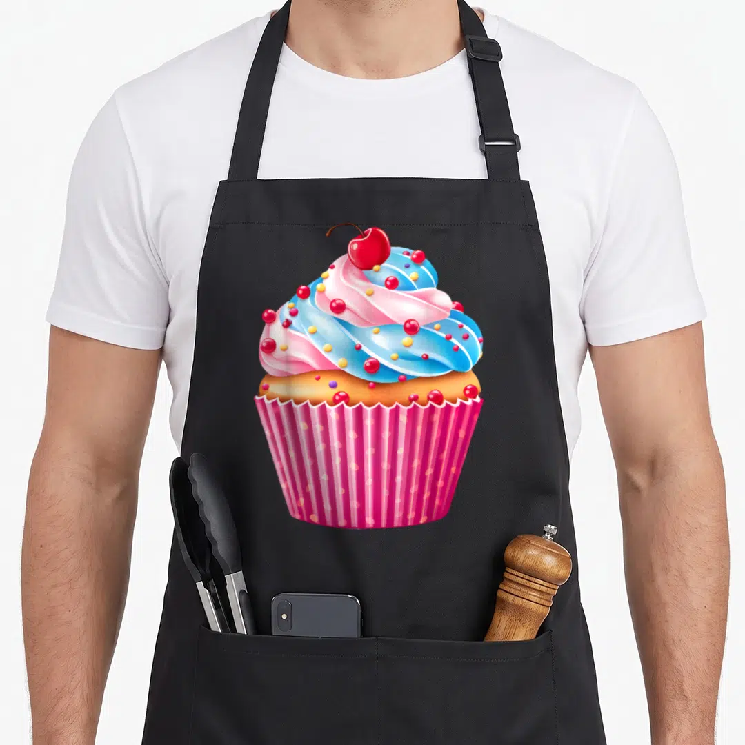 Dessert cupcake apron - Cartoon cupcake with blue pink frosting red cherry yellow sprinkles pink polka dot liner — shown on a black cotton canvas apron against a white background