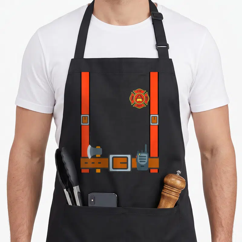 Halloween firefighter apron - Fire dept badge, red straps, brown belt, axe, and radio print — shown on a black cotton canvas apron against a white background