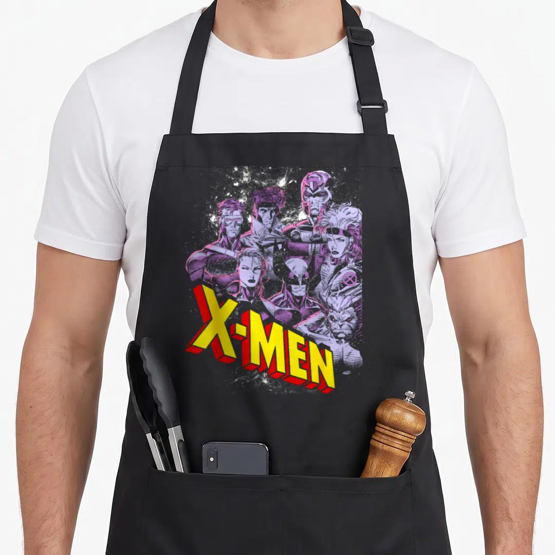 Cute x apron - Yellow 3D X-MEN text over purple monochromatic superhero group art — shown on a black cotton canvas apron against a white background